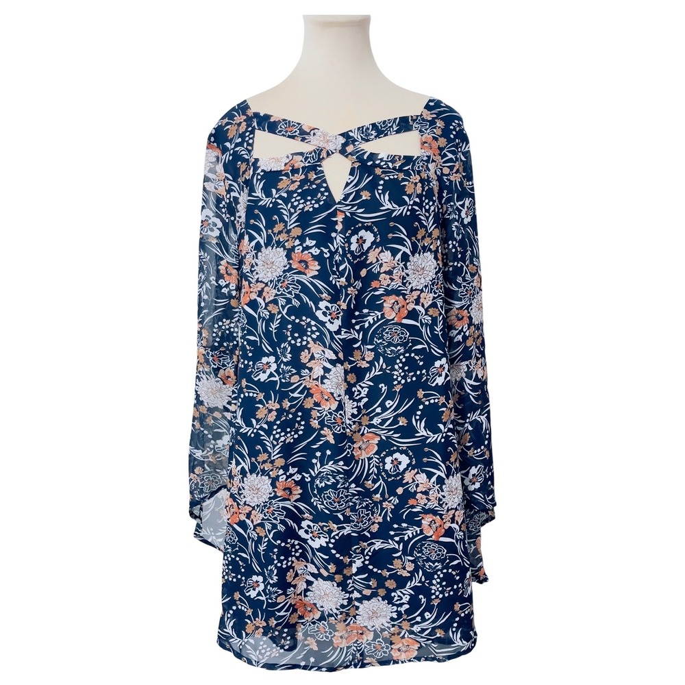 Umgee Womens Floral Bell Sleeve Mini Dress Large Blue Orange Lattice Neck Boho